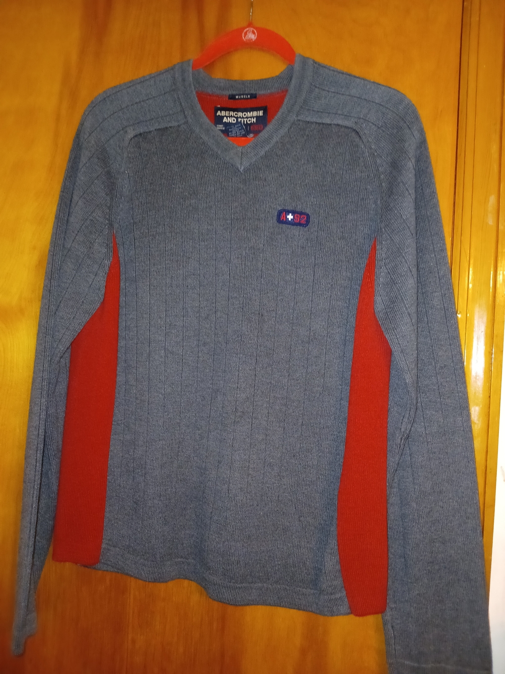 Abercrombie & Fitch Blue-Gray V-Neck Sweater with Red Side Panels
